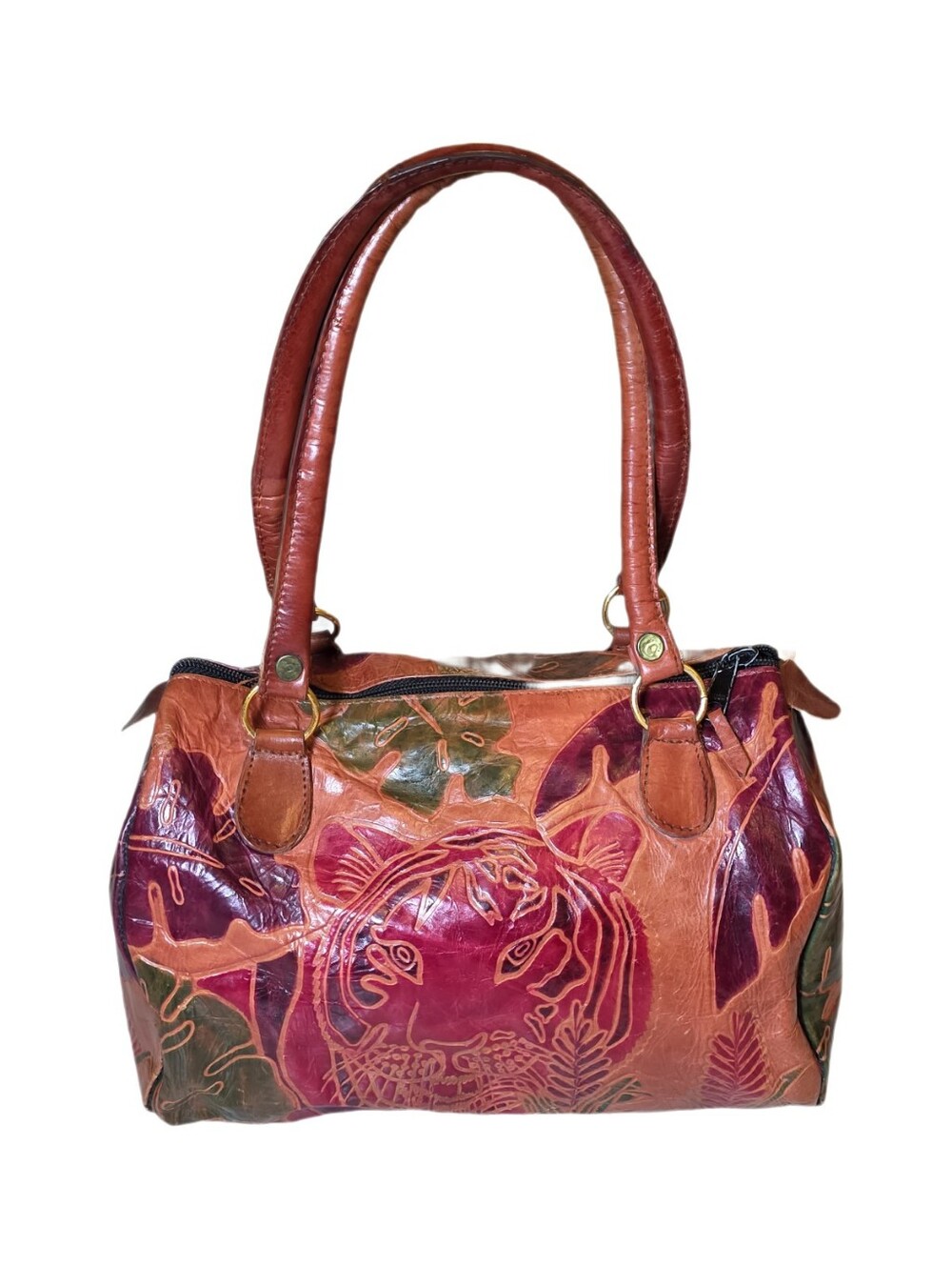 Vintage Distressed Shantiniketan Hand Tooled Leather Tiger Satchel Bag